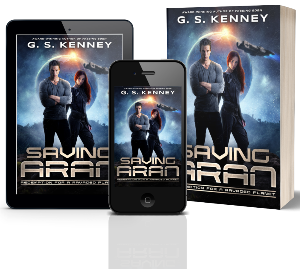 Three images of the cover of Saving Aran, in a book, on an e-reader, and on a phone.